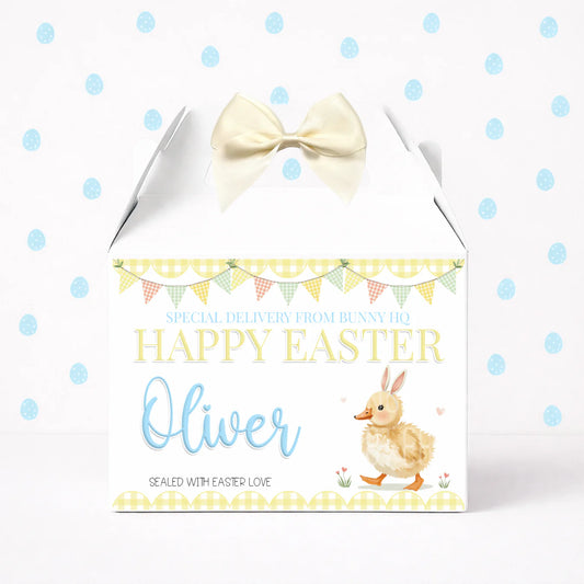 Personalised Easter treats box, cute, yellow, pink, blue treat box