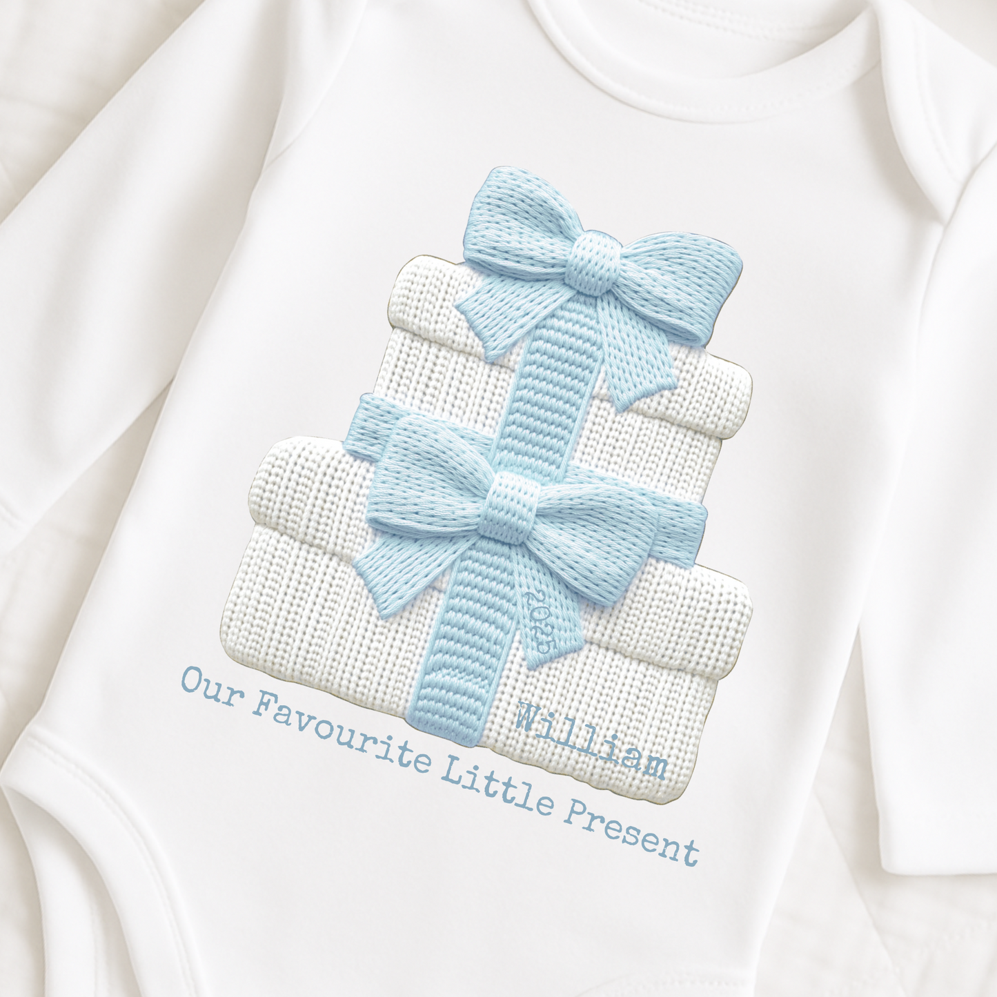 Personalised Christmas Baby Vest 2025 – “Our Favourite Little Present” Embroidered Baby Grow – Custom Name – Pink, Blue, Sage, Cream