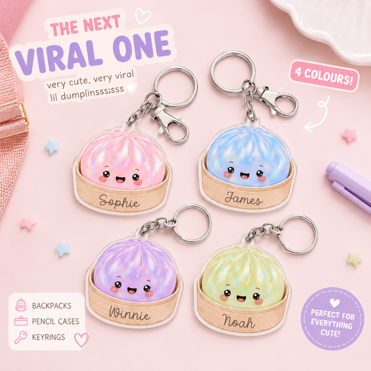 Personalised Viral little dumplings, 4 colours, keyring, bag charm, pencil case