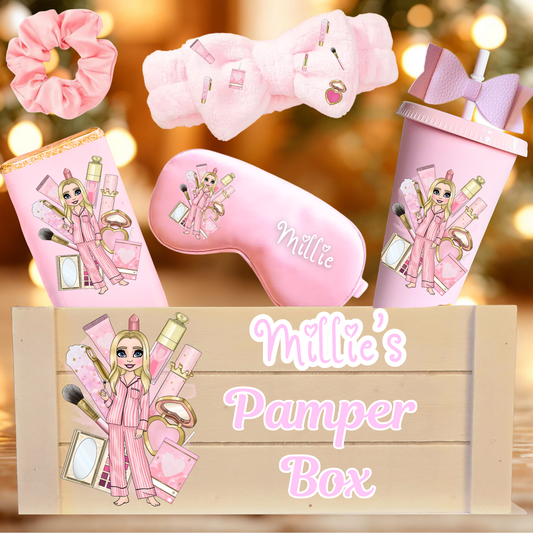 Makeup girl personalised pamper box, lipgloss duo, handband, cup, bobble, pj's, pink
