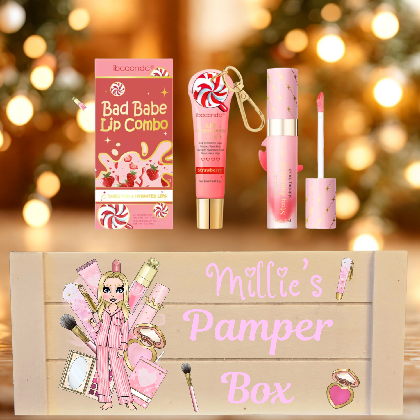 Makeup girl personalised pamper box, lipgloss duo, handband, cup, bobble, pj's, pink