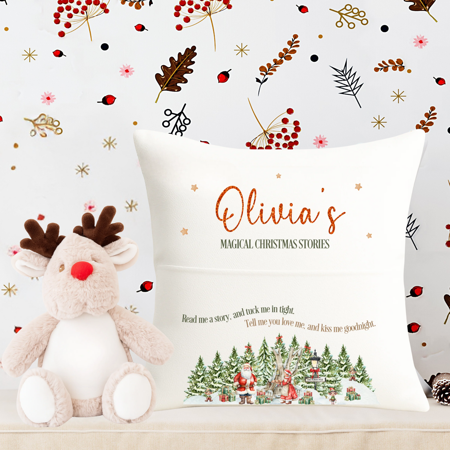 Christmas story book cushion 40cmx40cm, Magical Christmas family story time, first Christmas, Special gift