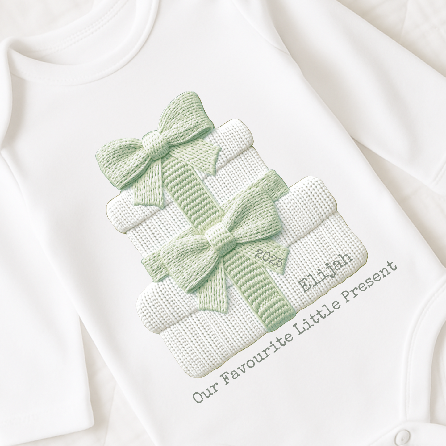 Personalised Christmas Baby Vest 2025 – “Our Favourite Little Present” Embroidered Baby Grow – Custom Name – Pink, Blue, Sage, Cream