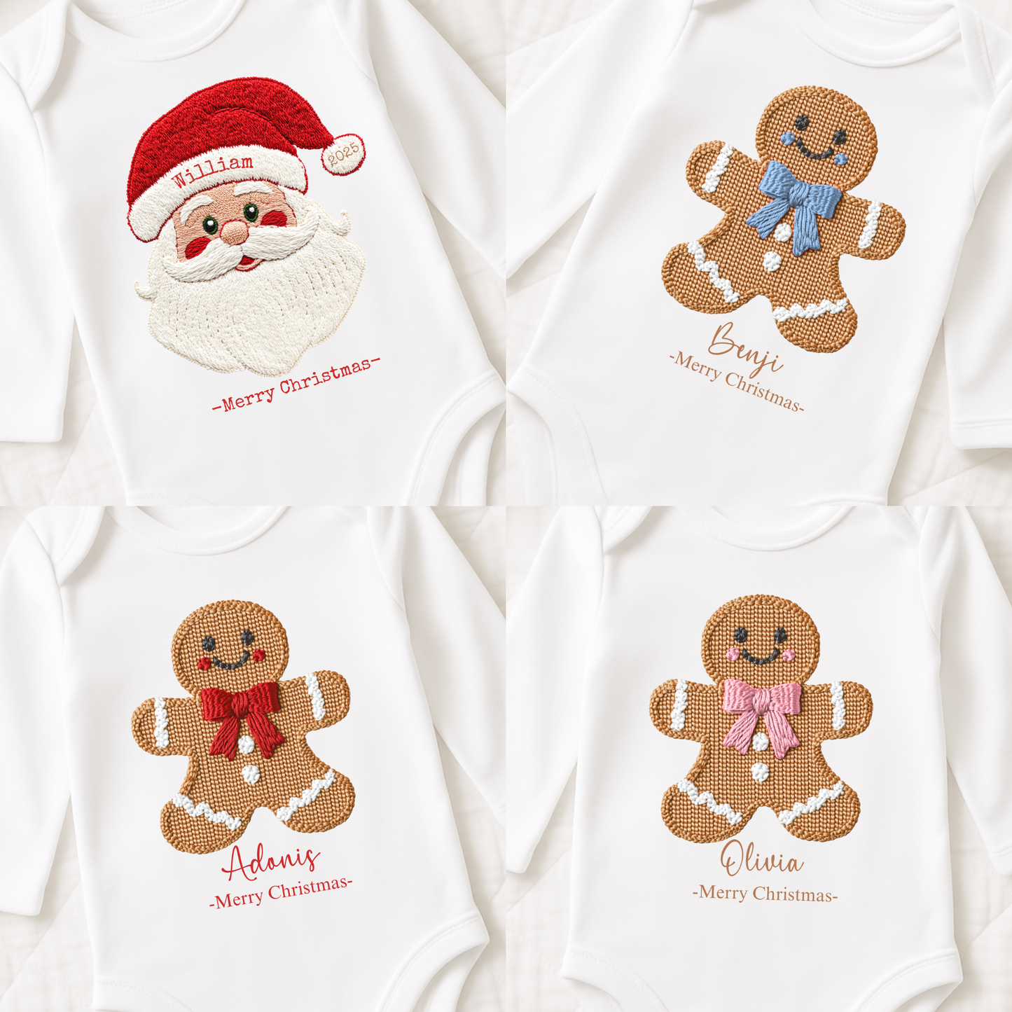 Personalised Christmas Baby Vest – Gingerbread or Santa Face – Embroidery Style Printed Baby Grow – Custom Name “Happy Christmas” – Pink Blue Red