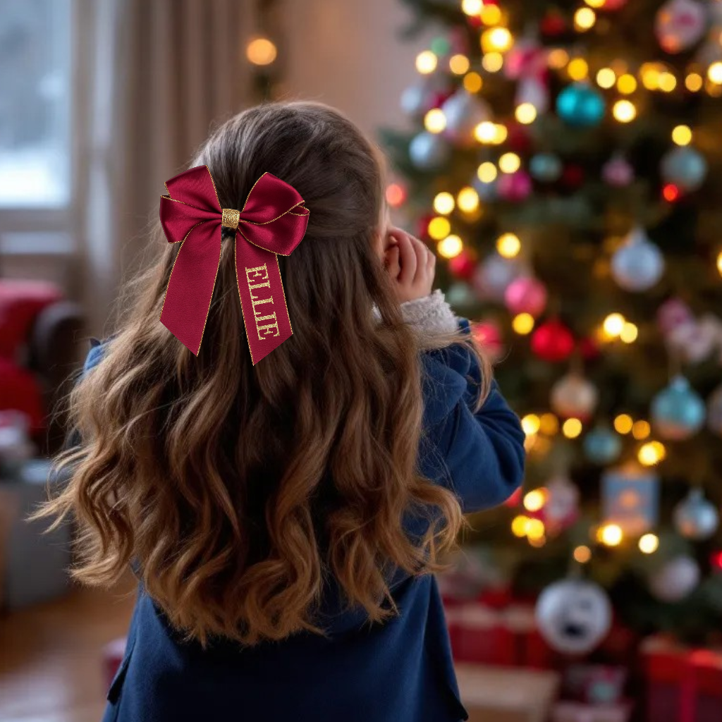 Glitter edge, personalised Christmas Hair bow, Red, Navy, Deep red, White